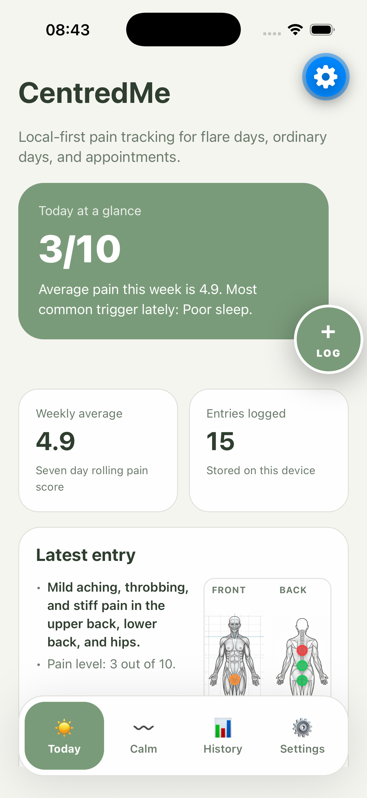 CentredMe app showing today's pain overview